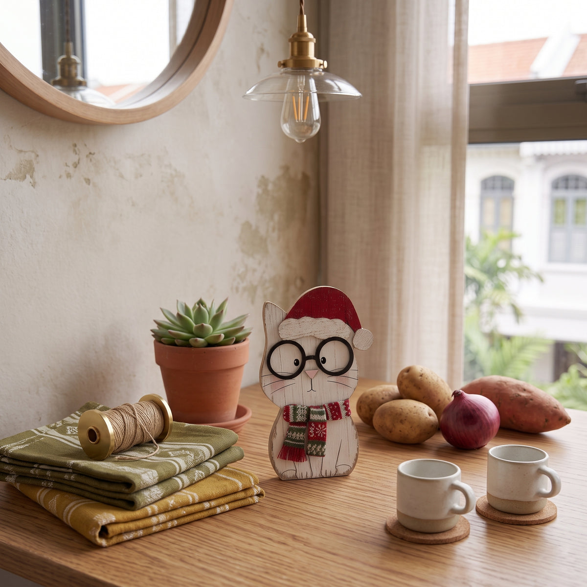 Glasses Cat Wooden Tabletop Ornament