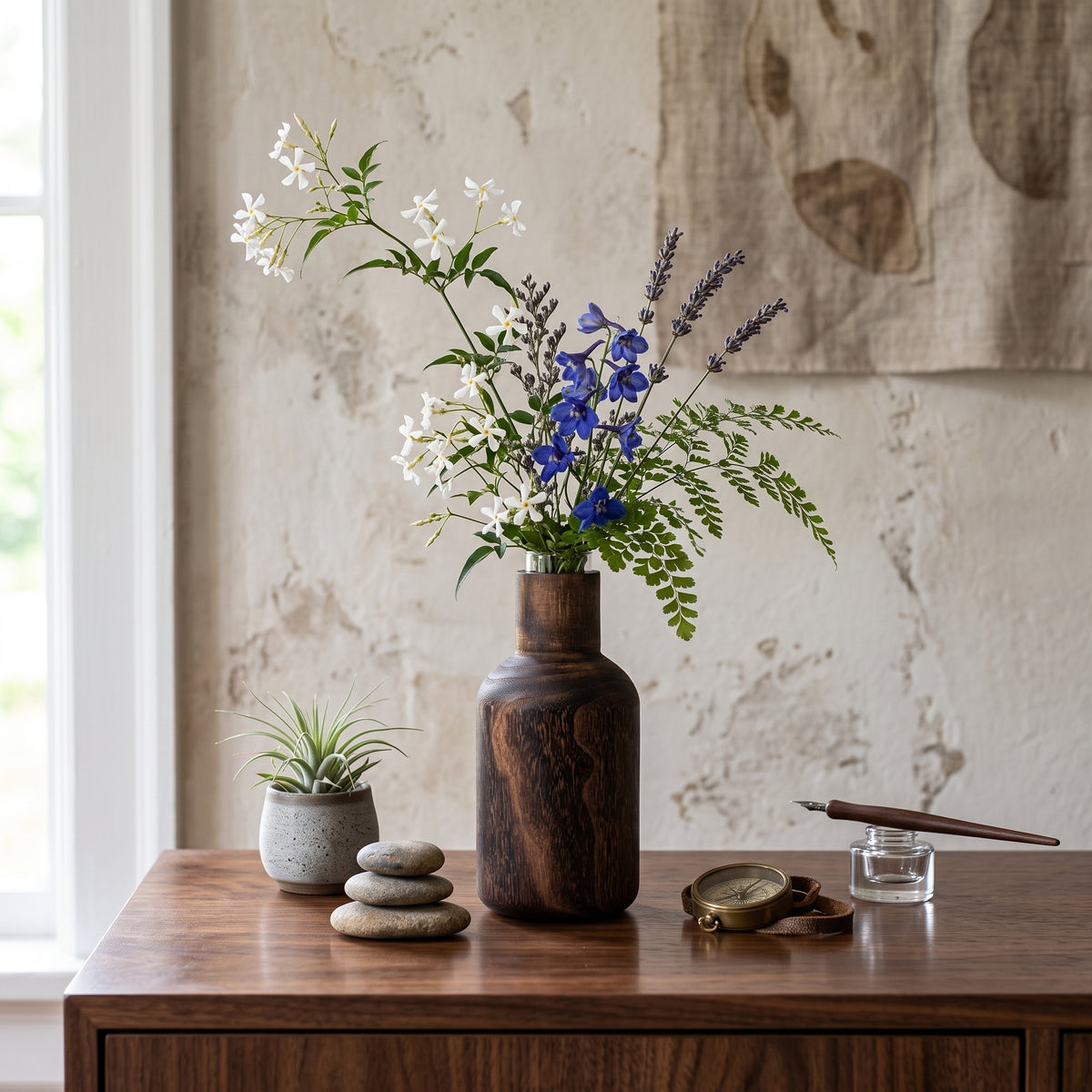 Vintage Carbonized Wooden Tabletop Vase