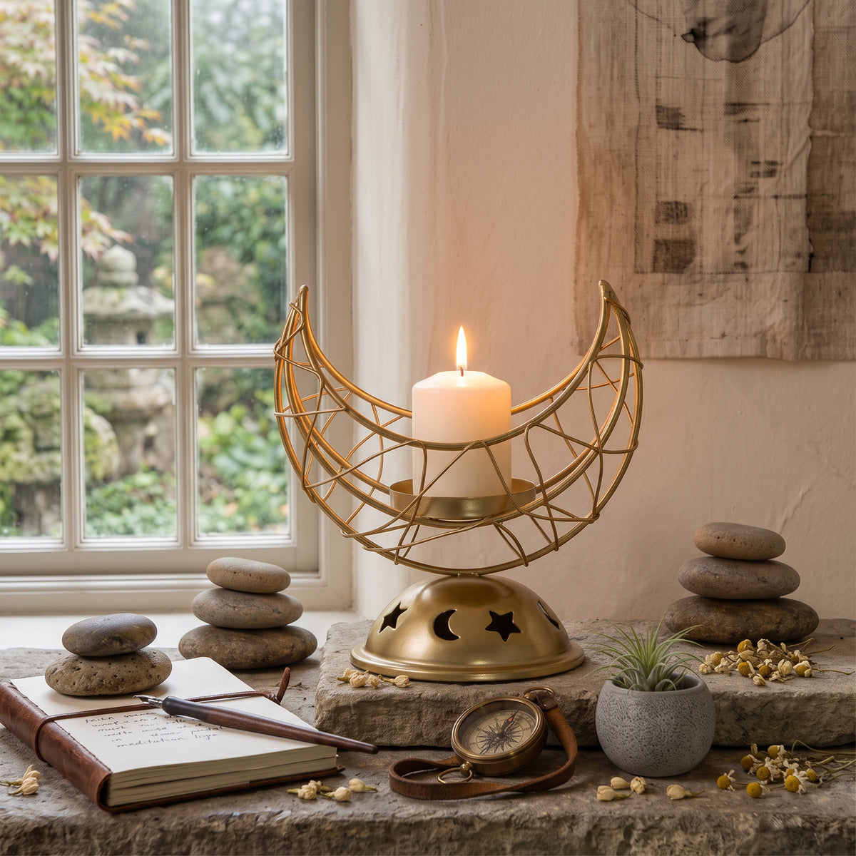 Gold Crescent Moon Iron Candle Holder