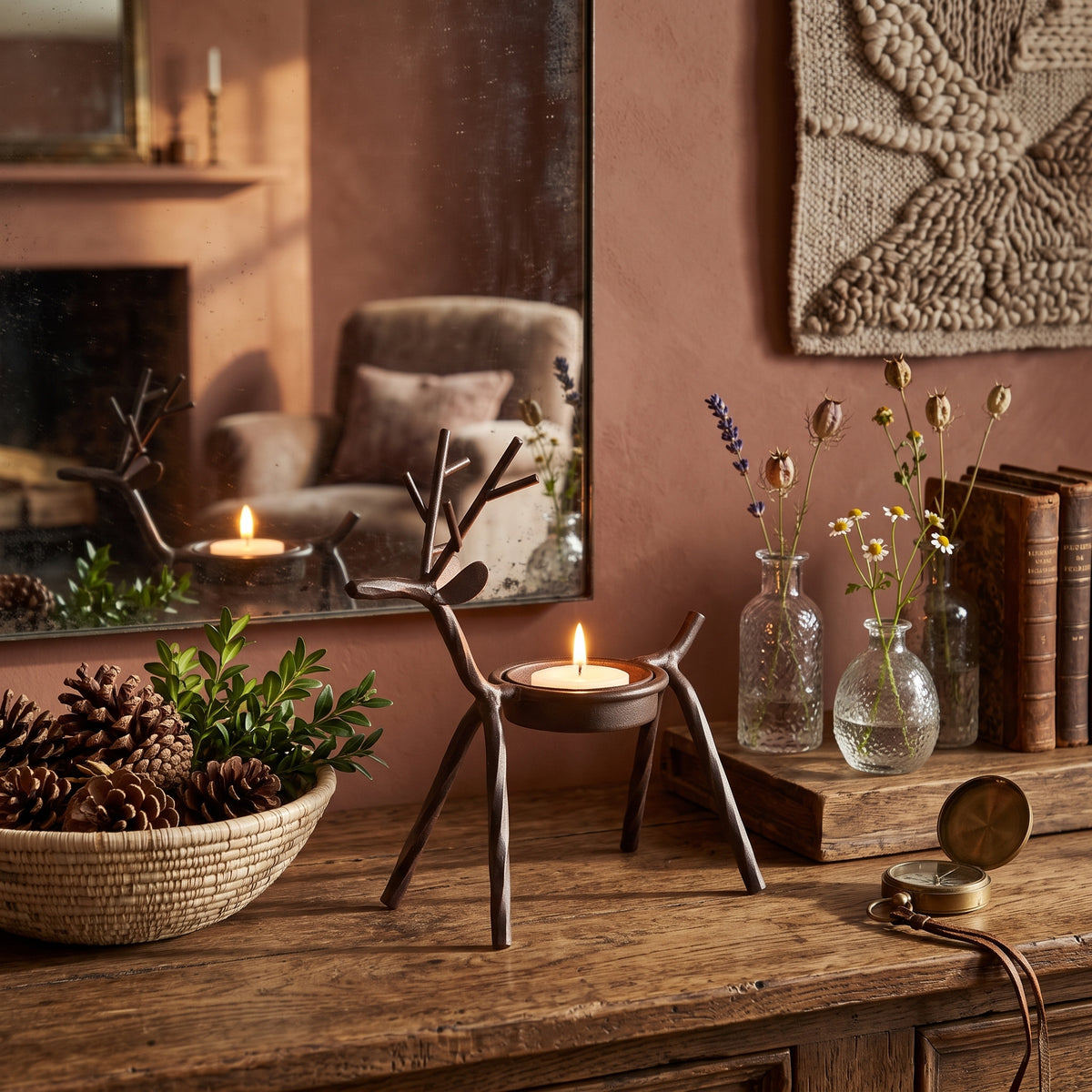 Brownish Red Iron Reindeer Candle Holder