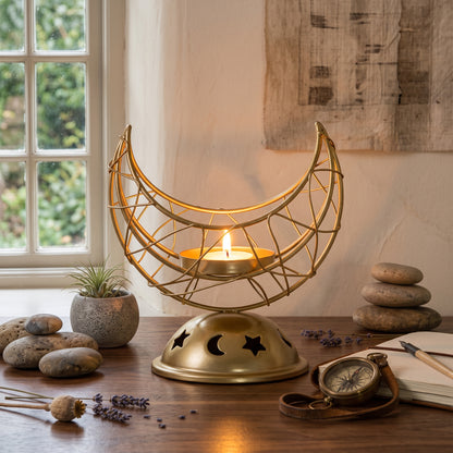 Gold Crescent Moon Iron Candle Holder